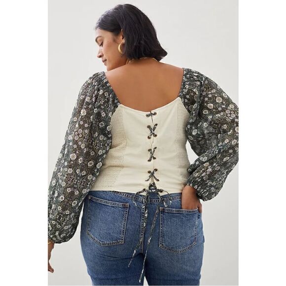 NEW Anthropologie Forever That Girl Smocked Embroidered Lace-Up Top Medium - Picture 7 of 7